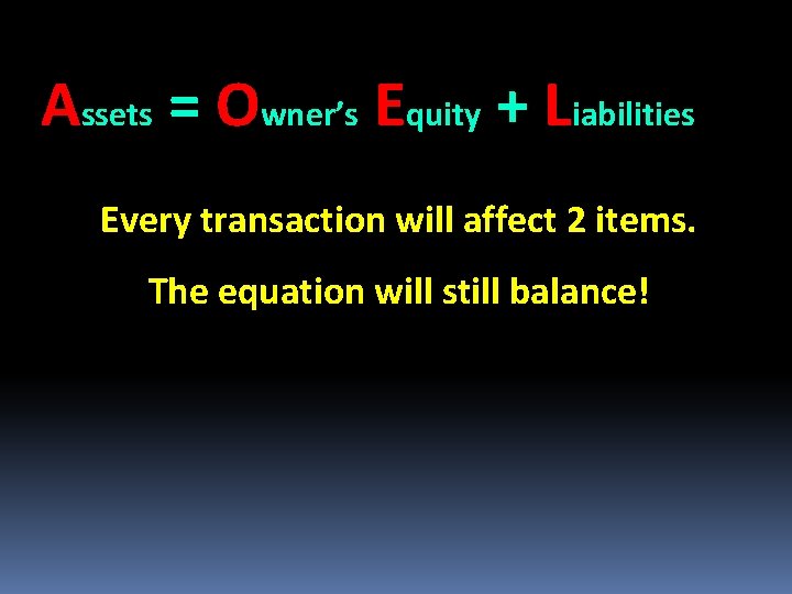 Assets = Owner’s Equity + Liabilities Every transaction will affect 2 items. The equation