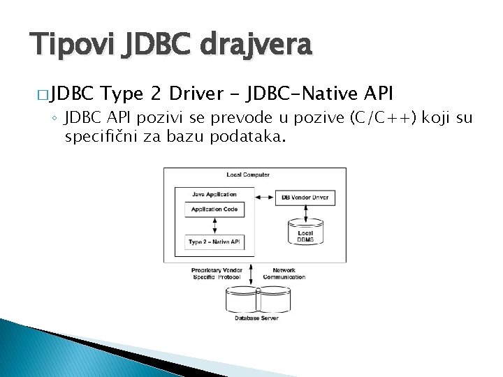 Tipovi JDBC drajvera � JDBC Type 2 Driver - JDBC-Native API ◦ JDBC API