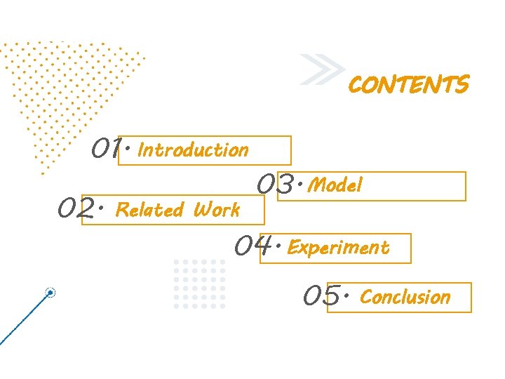 CONTENTS 01. Introduction 02. Related Work 03. Model 04. Experiment 05. Conclusion 