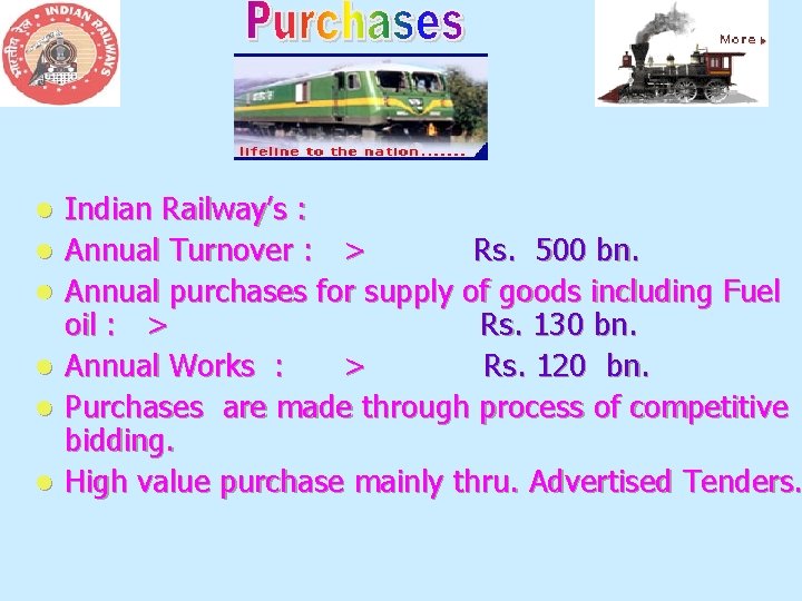 l l l Indian Railway’s : Annual Turnover : > Rs. 500 bn. Annual