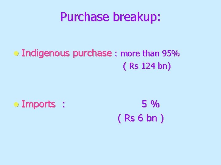 Purchase breakup: l Indigenous purchase : more than 95% ( Rs 124 bn) l