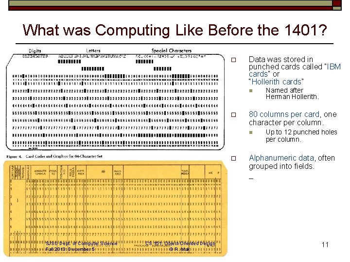 What was Computing Like Before the 1401? o Data was stored in punched cards