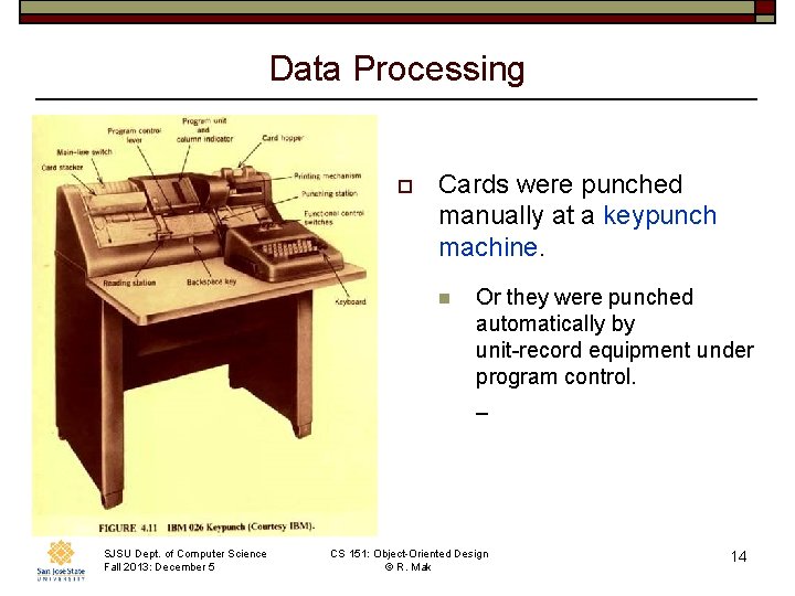 Data Processing o Cards were punched manually at a keypunch machine. n SJSU Dept.