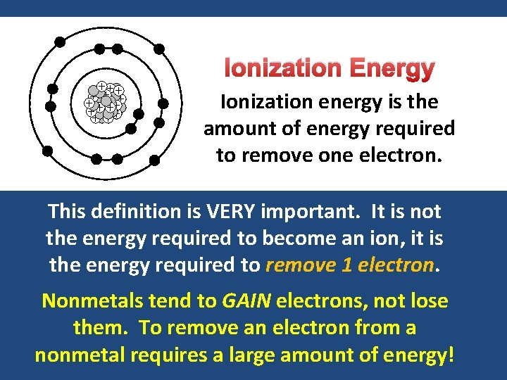 Ionization Energy Ionization energy is the amount of energy required to remove one electron.