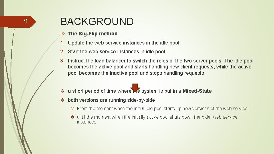 9 BACKGROUND The Big-Flip method 1. Update the web service instances in the idle