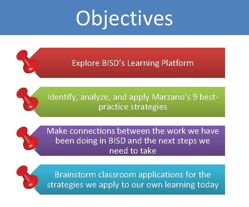 Objectives Explore BISD’s Learning Platform Identify, analyze, and apply Marzano’s 9 bestpractice strategies Make