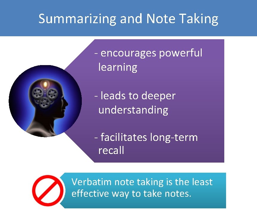 Summarizing and Note Taking - encourages powerful learning - leads to deeper understanding -