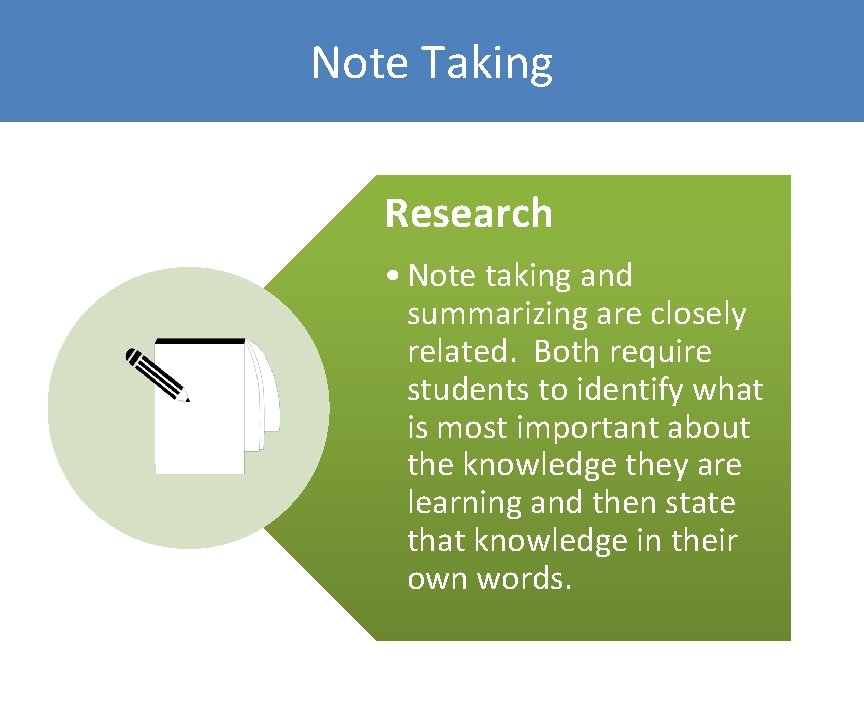 Note Taking Research • Note taking and summarizing are closely related. Both require students