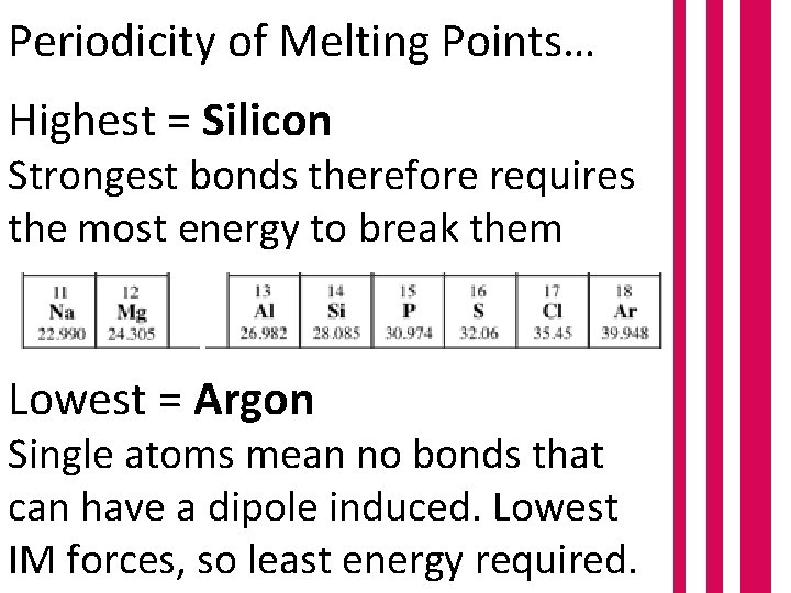 Periodicity of Melting Points… Highest = Silicon Strongest bonds therefore requires the most energy