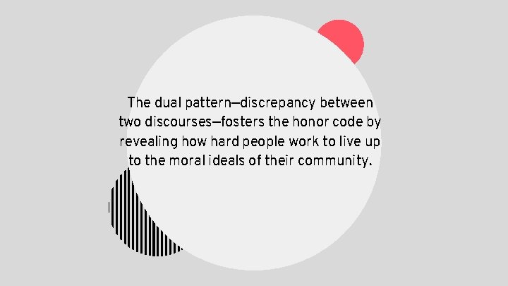 The dual pattern—discrepancy between two discourses—fosters the honor code by revealing how hard people