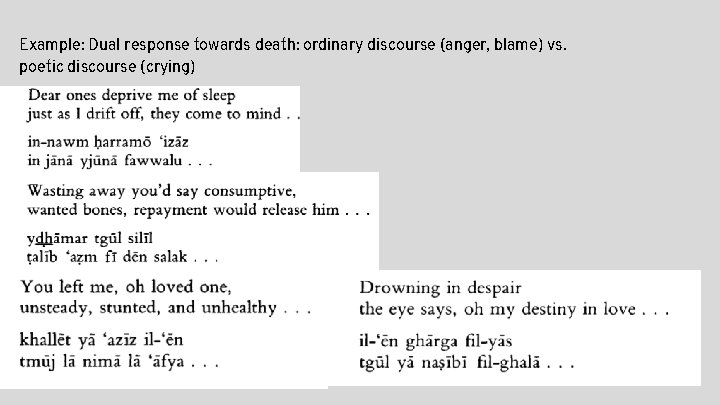 Example: Dual response towards death: ordinary discourse (anger, blame) vs. poetic discourse (crying) 