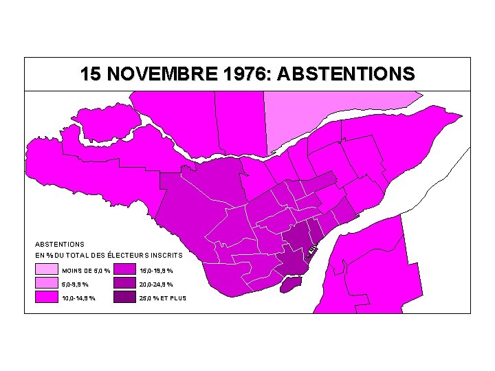 15 NOVEMBRE 1976: ABSTENTIONS EN % DU TOTAL DES ÉLECTEURS INSCRITS MOINS DE 5,