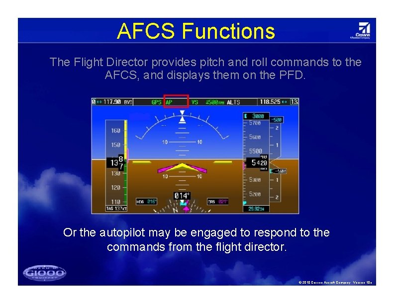 AFCS Functions The Flight Director provides pitch and roll commands to the AFCS, and