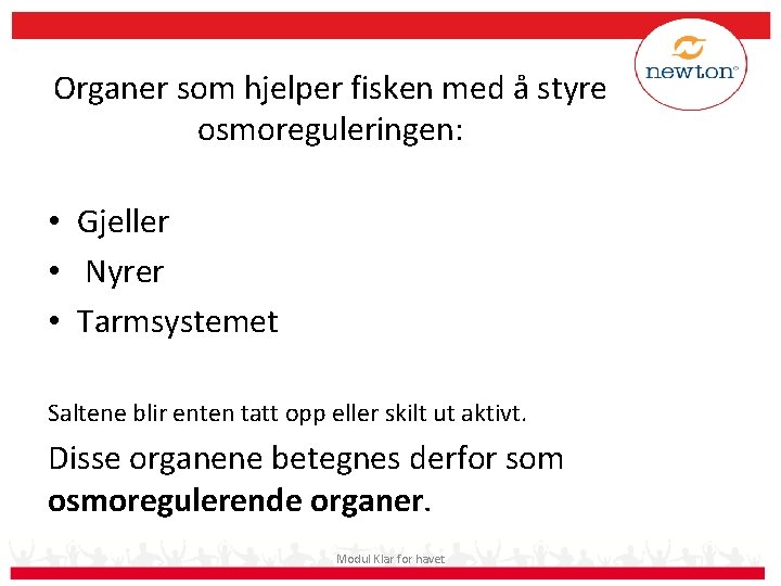 Organer som hjelper fisken med å styre osmoreguleringen: • Gjeller • Nyrer • Tarmsystemet