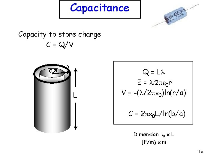 Capacitance Capacity to store charge C = Q/V a b L Q = Ll