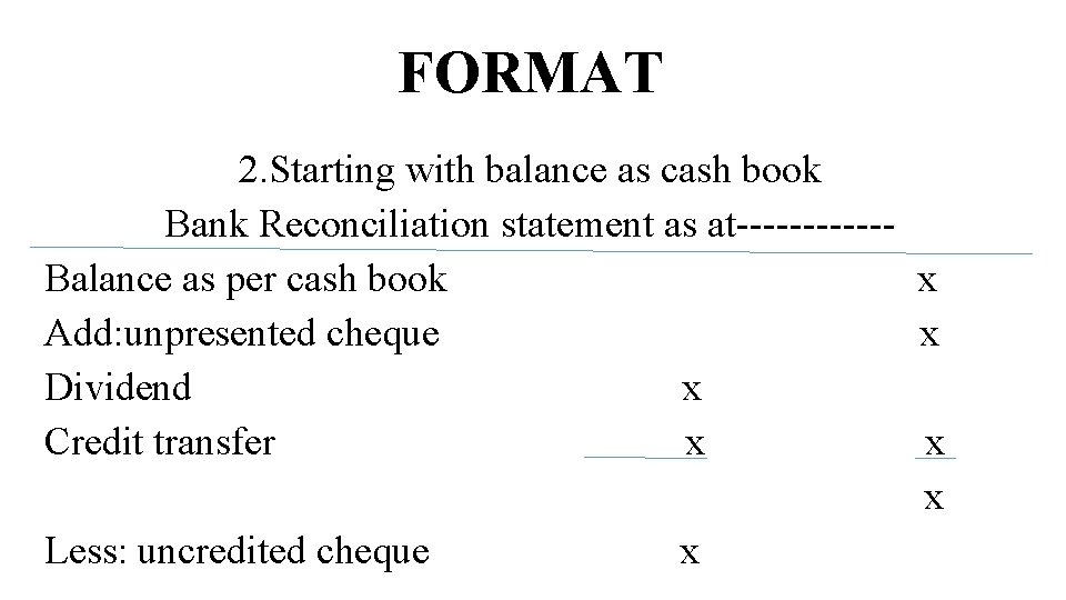 FORMAT 2. Starting with balance as cash book Bank Reconciliation statement as at------Balance as