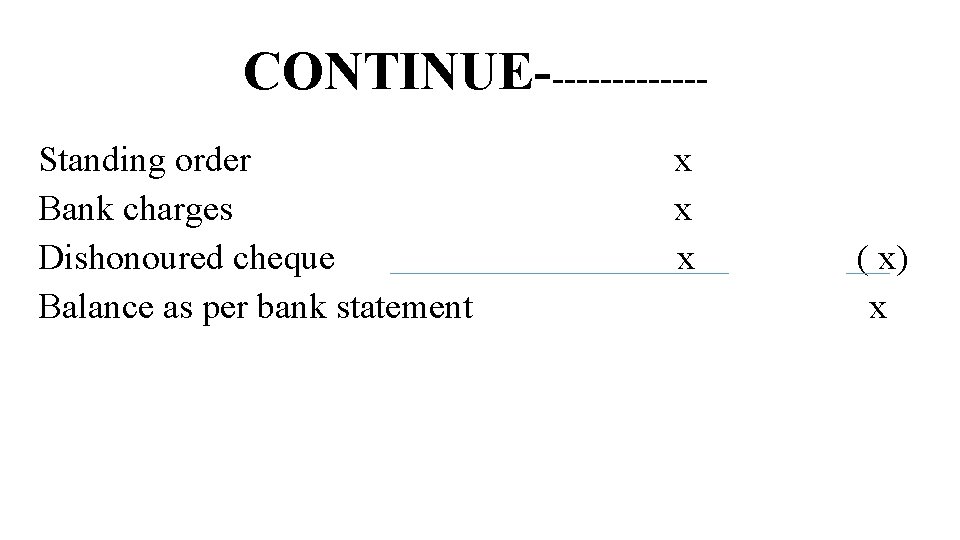 CONTINUE-------Standing order Bank charges Dishonoured cheque Balance as per bank statement x x x