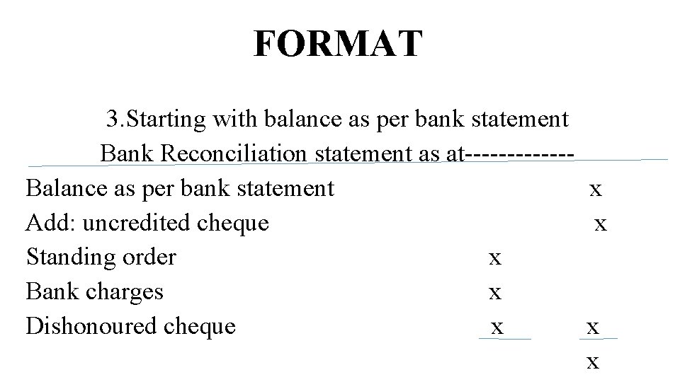 FORMAT 3. Starting with balance as per bank statement Bank Reconciliation statement as at------Balance