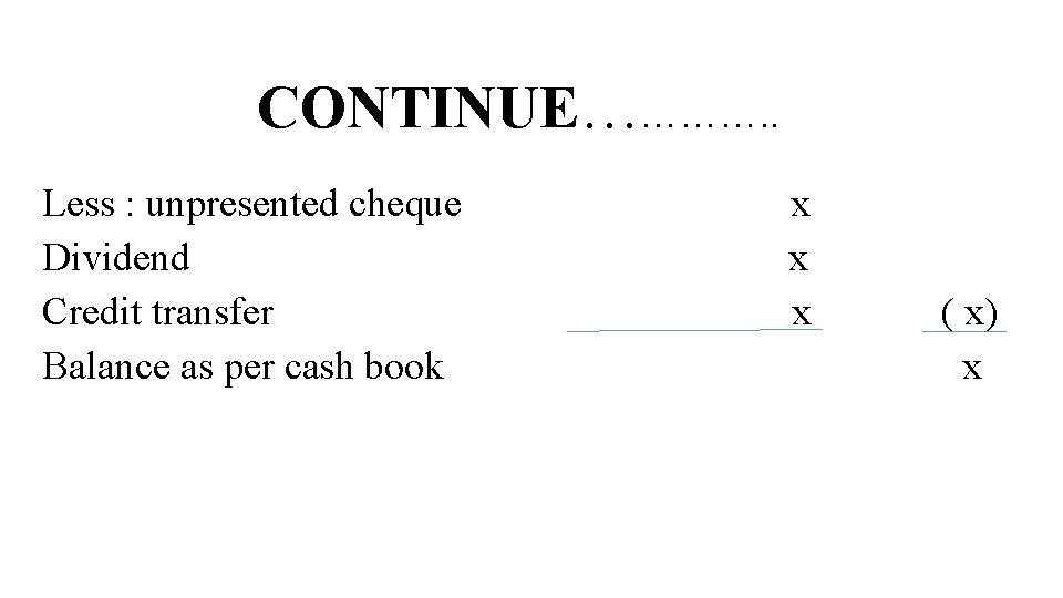CONTINUE…………. . Less : unpresented cheque Dividend Credit transfer Balance as per cash book