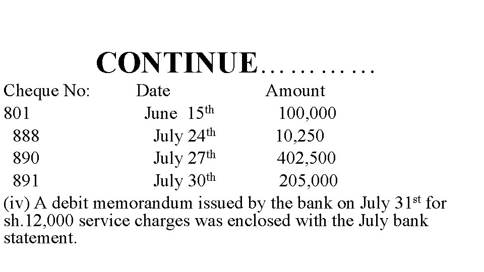 CONTINUE………… Cheque No: Date Amount 801 June 15 th 100, 000 888 July 24
