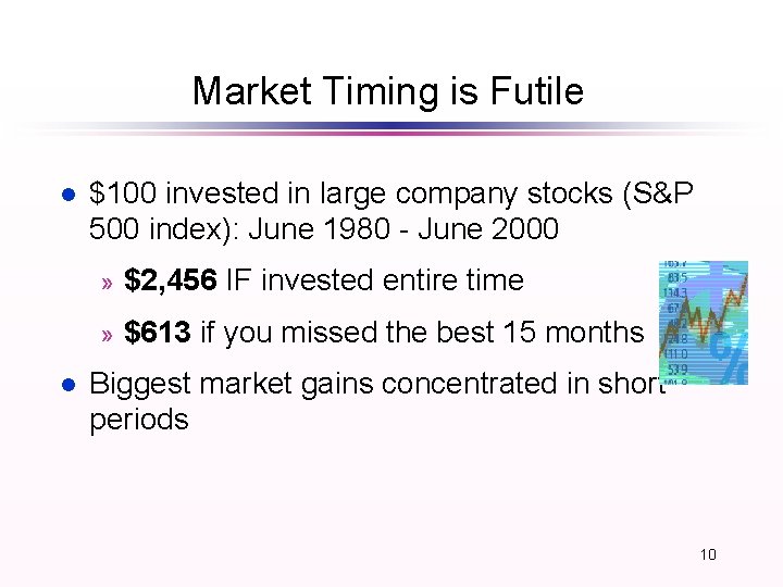 Market Timing is Futile l l $100 invested in large company stocks (S&P 500