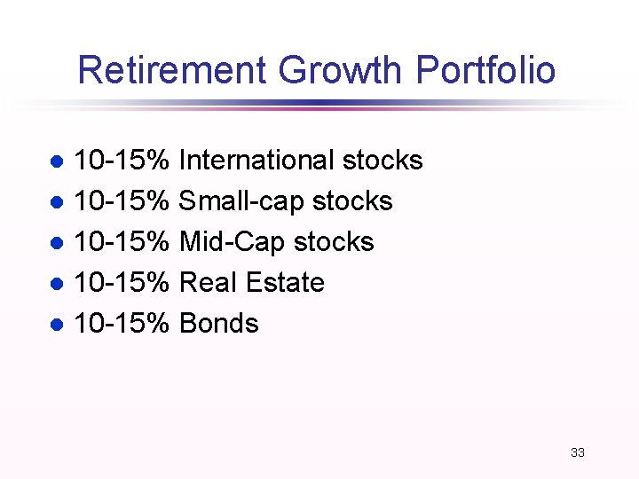 Retirement Growth Portfolio 10 -15% International stocks l 10 -15% Small-cap stocks l 10