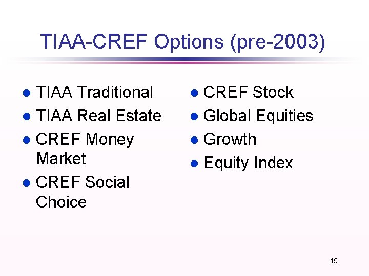TIAA-CREF Options (pre-2003) TIAA Traditional l TIAA Real Estate l CREF Money Market l