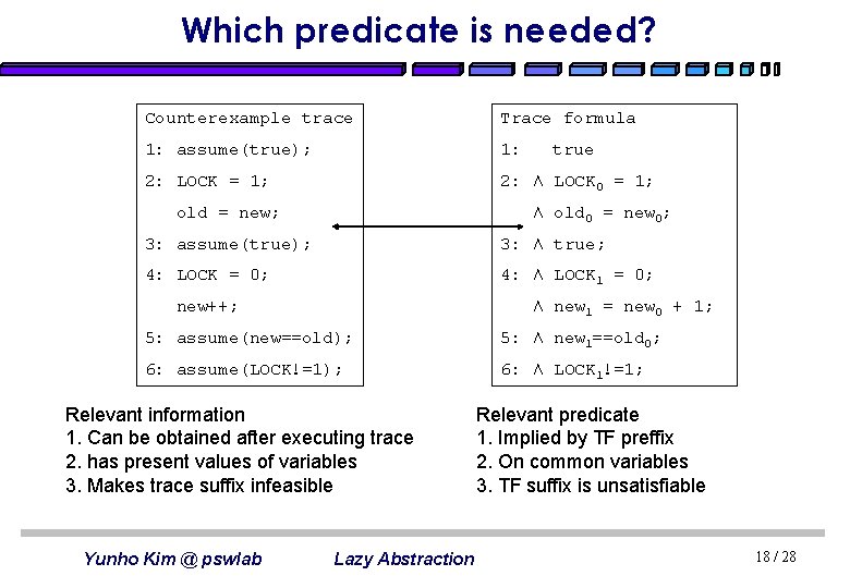 Which predicate is needed? Counterexample trace Trace formula 1: assume(true); 1: 2: LOCK =