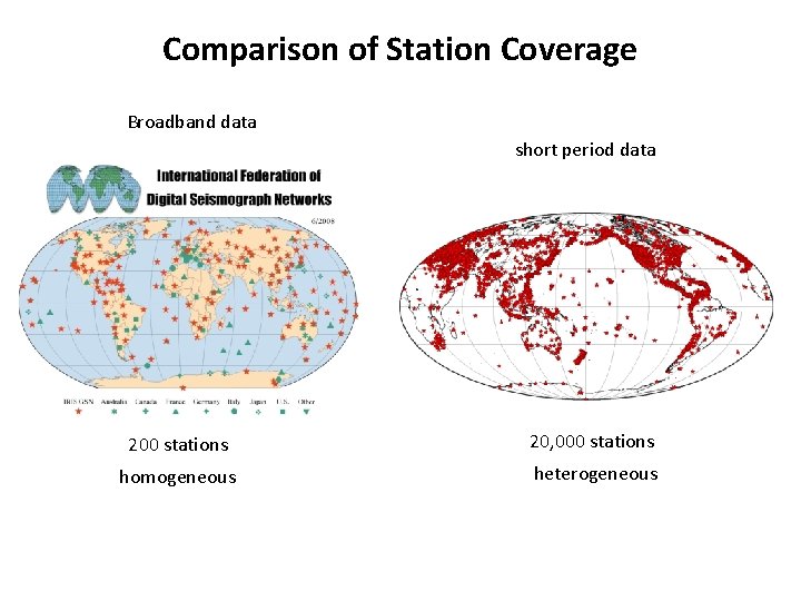 Comparison of Station Coverage Broadband data short period data 200 stations 20, 000 stations