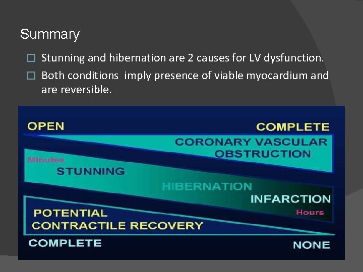 Summary Stunning and hibernation are 2 causes for LV dysfunction. � Both conditions imply