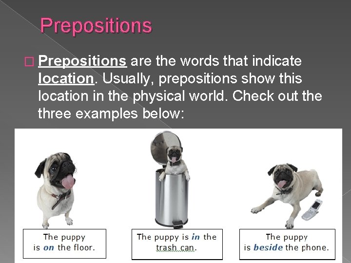 Prepositions � Prepositions are the words that indicate location. Usually, prepositions show this location