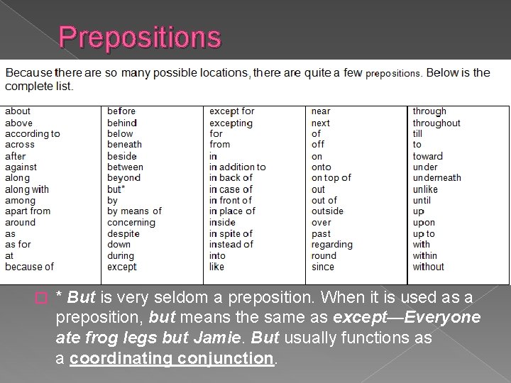 Prepositions � * But is very seldom a preposition. When it is used as