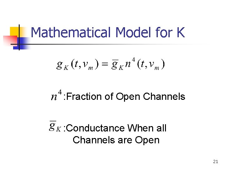 Mathematical Model for K : Fraction of Open Channels : Conductance When all Channels