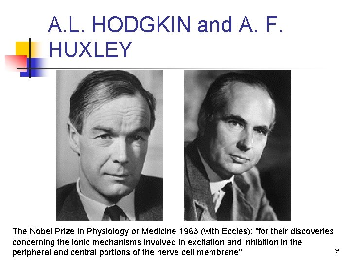 A. L. HODGKIN and A. F. HUXLEY The Nobel Prize in Physiology or Medicine