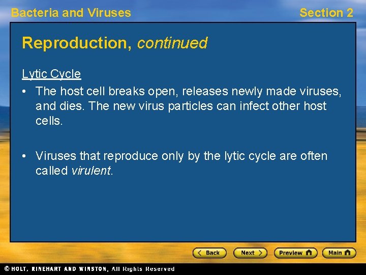 Bacteria and Viruses Section 2 Reproduction, continued Lytic Cycle • The host cell breaks