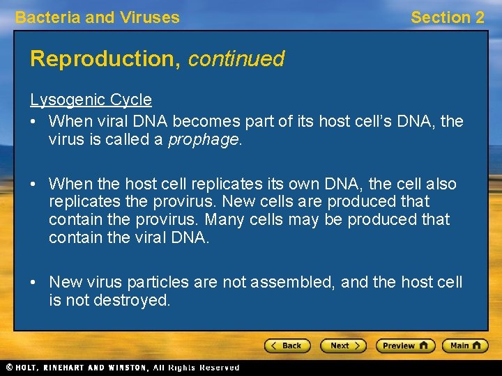 Bacteria and Viruses Section 2 Reproduction, continued Lysogenic Cycle • When viral DNA becomes