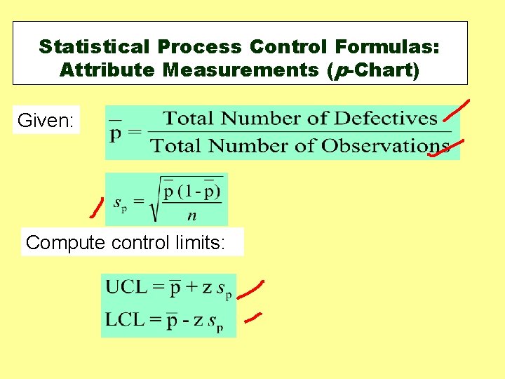 Statistical Process Control Formulas: Attribute Measurements (p-Chart) Given: Compute control limits: Statistical Process Control Formulas: Attribute Measurements (p-Chart) Given: Compute control limits: