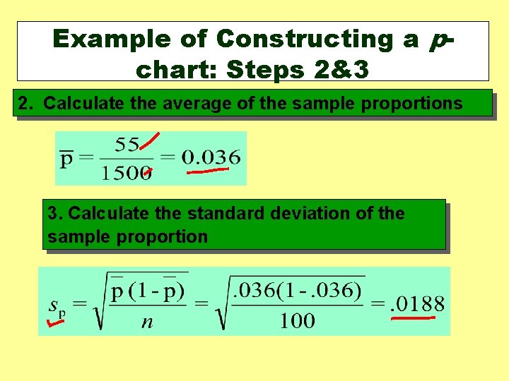 Example of Constructing a pchart: Steps 2&3 2. Calculate the average of the sample Example of Constructing a pchart: Steps 2&3 2. Calculate the average of the sample