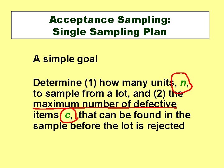 Acceptance Sampling: Single Sampling Plan A simple goal Determine (1) how many units, n, Acceptance Sampling: Single Sampling Plan A simple goal Determine (1) how many units, n,