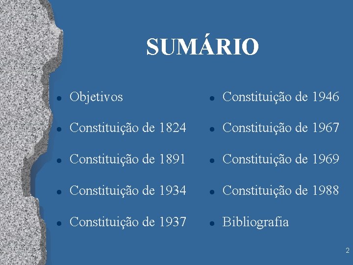 SUMÁRIO l Objetivos l Constituição de 1946 l Constituição de 1824 l Constituição de