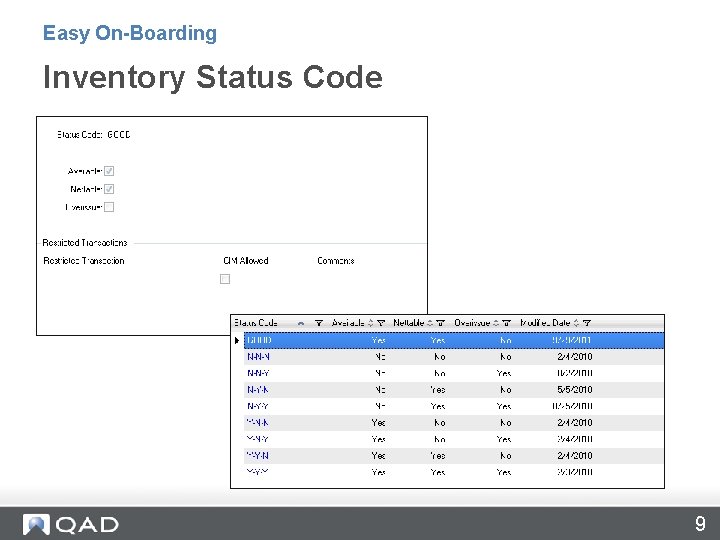 Easy On-Boarding Inventory Status Code 9 