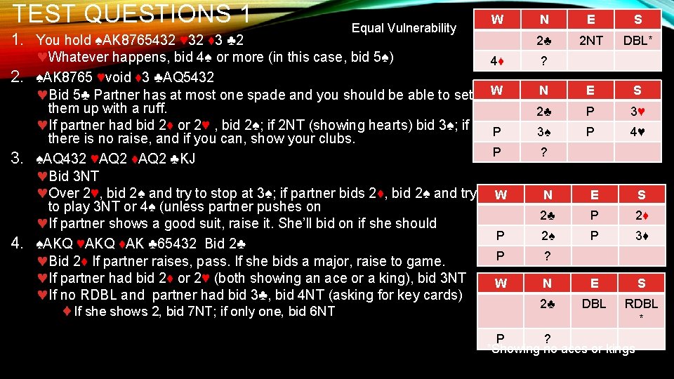 TEST QUESTIONS 1 Equal Vulnerability 1. You hold ♠AK 8765432 ♥ 32 ♦ 3