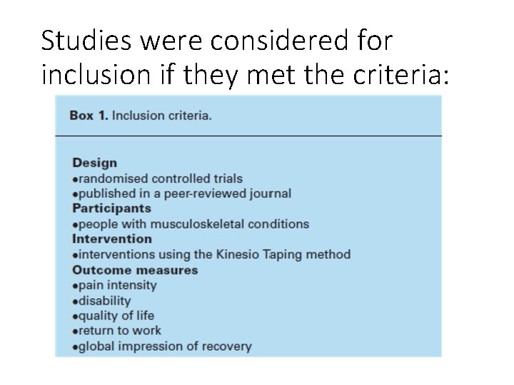Studies were considered for inclusion if they met the criteria: 