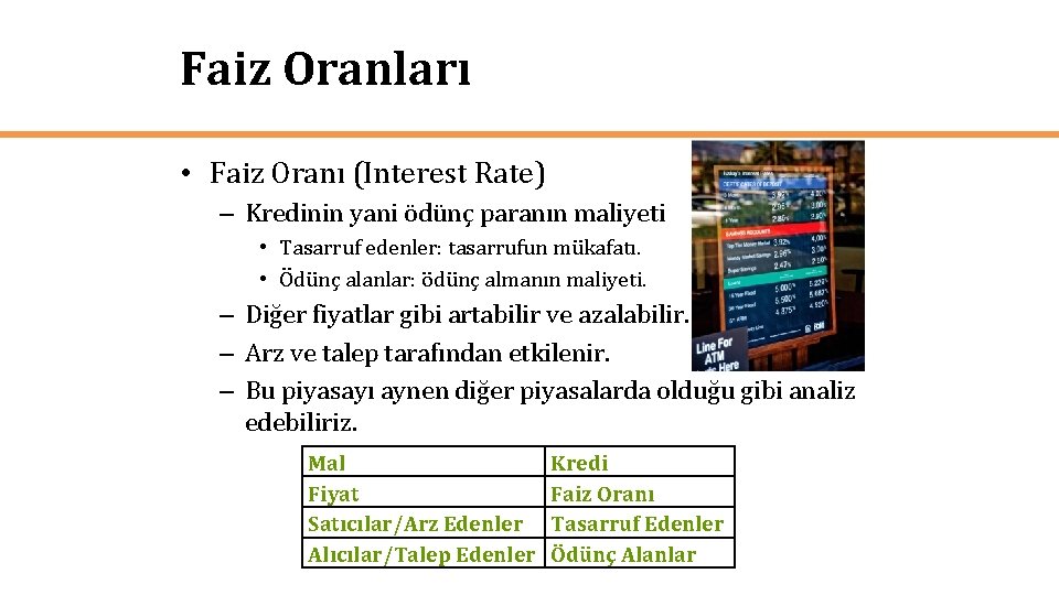 Faiz Oranları • Faiz Oranı (Interest Rate) – Kredinin yani ödünç paranın maliyeti •