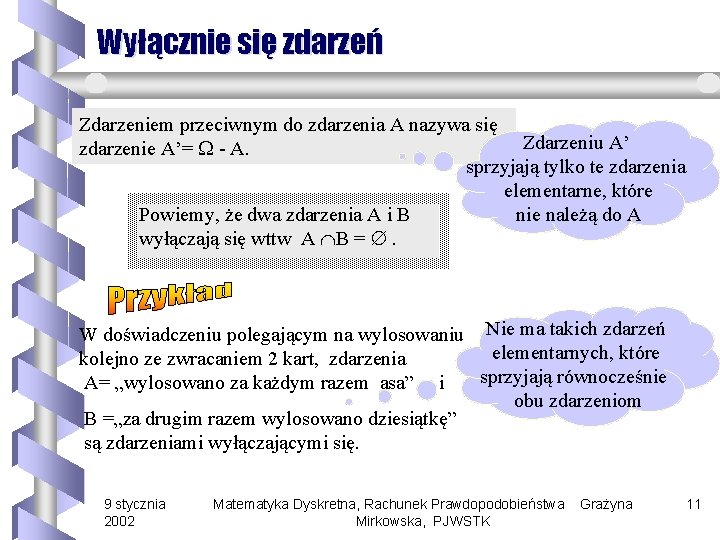 Wyłącznie się zdarzeń Zdarzeniem przeciwnym do zdarzenia A nazywa się Zdarzeniu A’ zdarzenie A’=