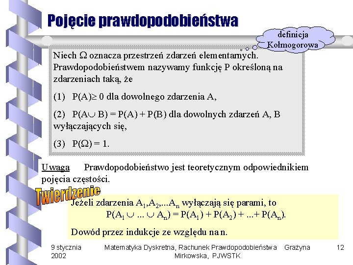 Pojęcie prawdopodobieństwa definicja Kołmogorowa Niech oznacza przestrzeń zdarzeń elementarnych. Prawdopodobieństwem nazywamy funkcję P określoną