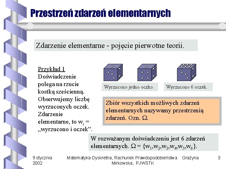 Przestrzeń zdarzeń elementarnych Zdarzenie elementarne - pojęcie pierwotne teorii. Przykład 1 Doświadczenie polega na