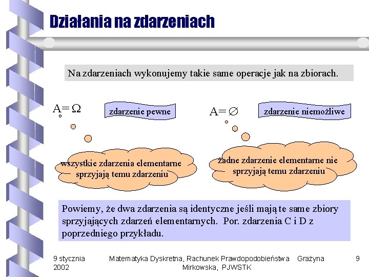 Działania na zdarzeniach Na zdarzeniach wykonujemy takie same operacje jak na zbiorach. A= zdarzenie