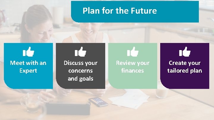 Plan for the Future Meet with an Expert Discuss your concerns and goals Review