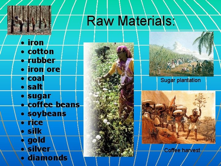 Raw Materials: • • • • iron cotton rubber iron ore coal salt sugar